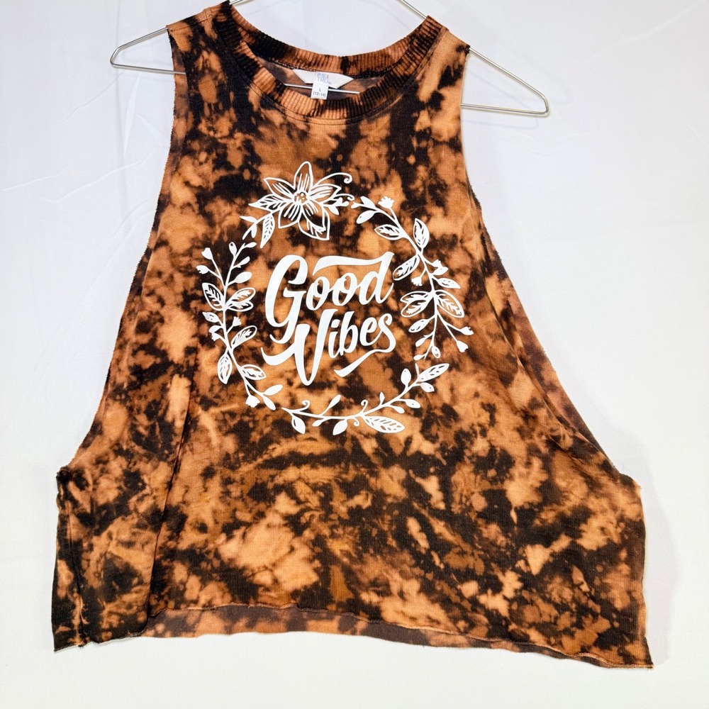 Time and Tru Womens L Orange Black Acid Wash Good Vibes Graphic Muscle Tank Top